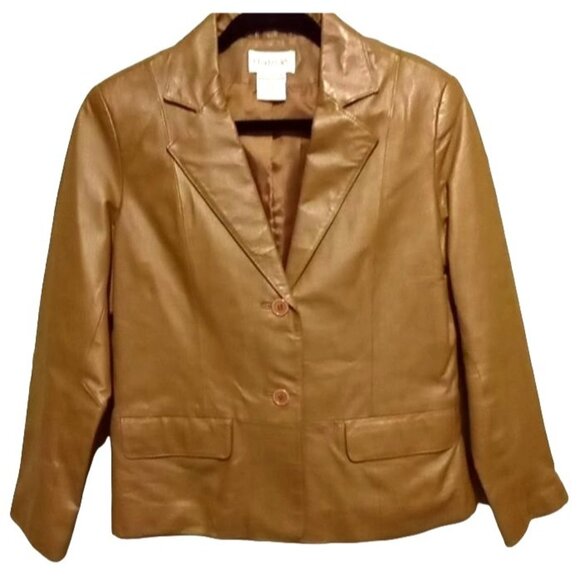 Preppy Chic Tan Brown Leather Blazer Size 6P Minimalist Timeless Vintage 90s - Picture 5 of 5